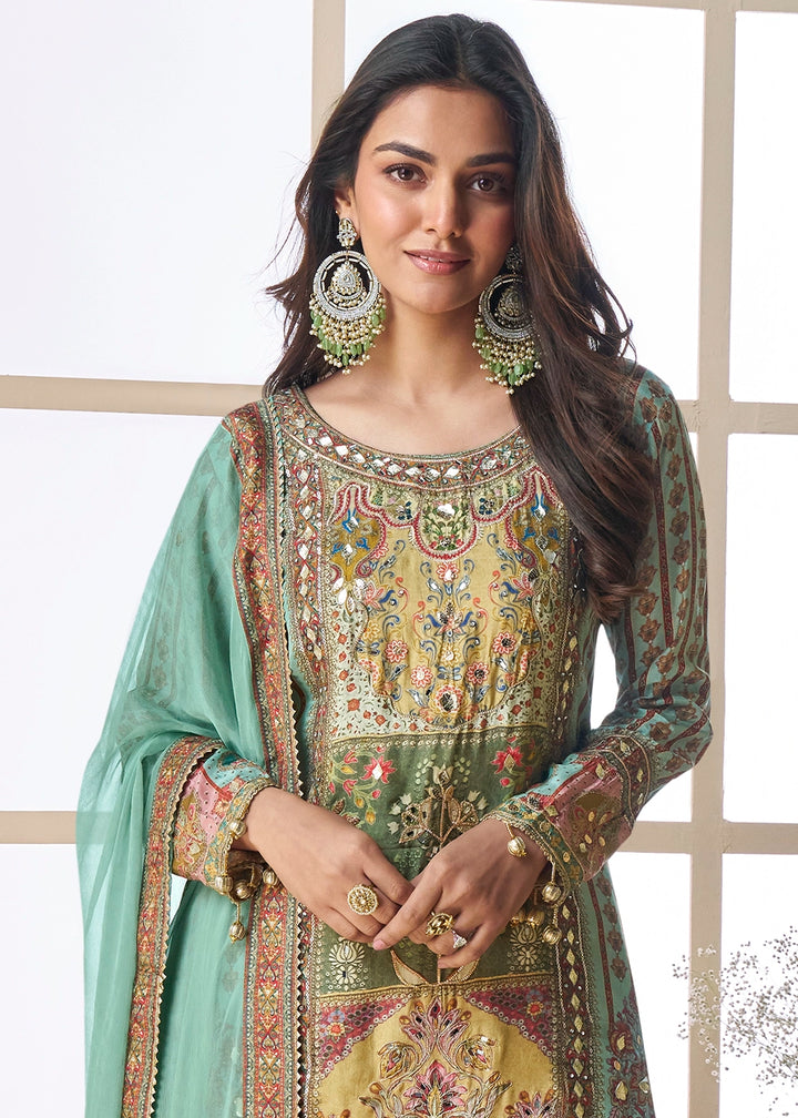 Shaded Blue-Green Palazzo Set in Viscose Crepe Silk with Aari Work