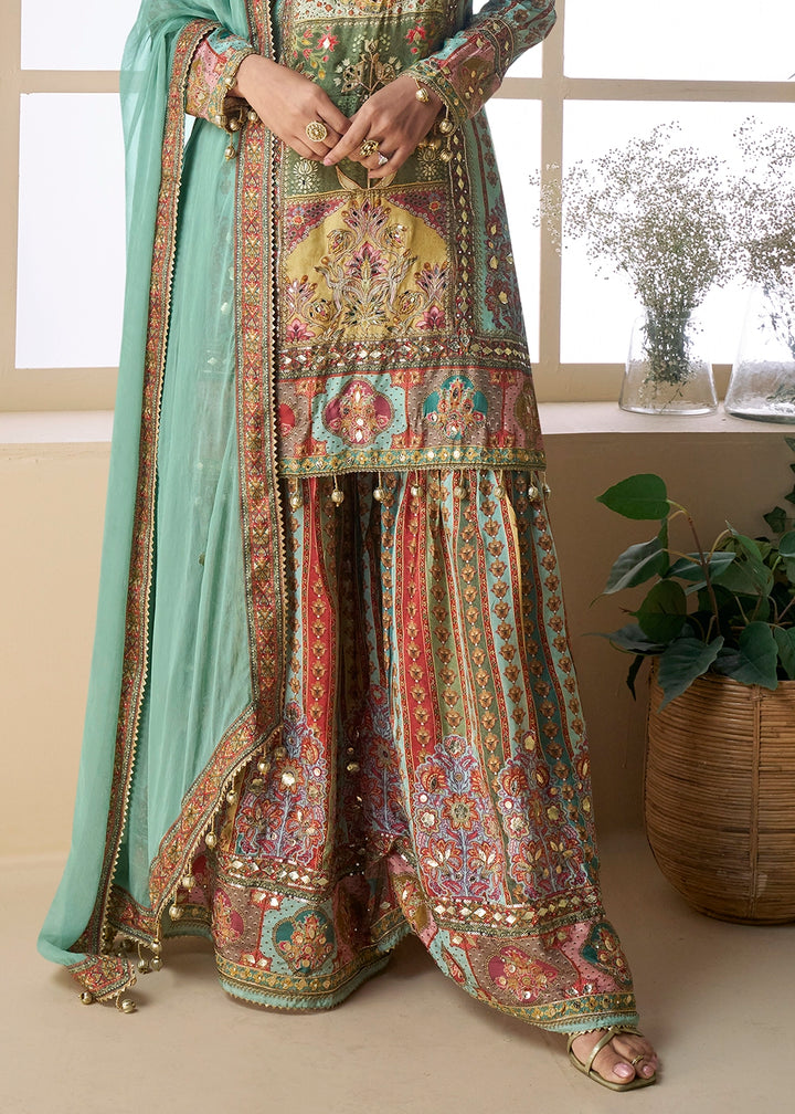 Shaded Blue-Green Palazzo Set in Viscose Crepe Silk with Aari Work