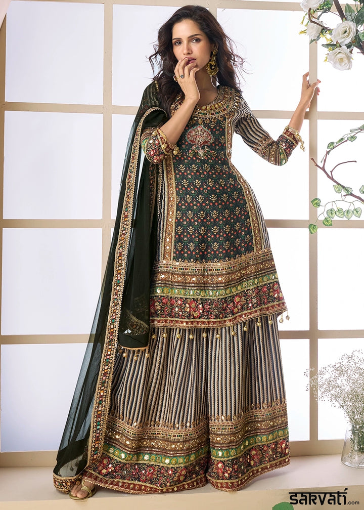 Shaded Black-Green Palazzo Set in Viscose Crepe Silk with Aari Work