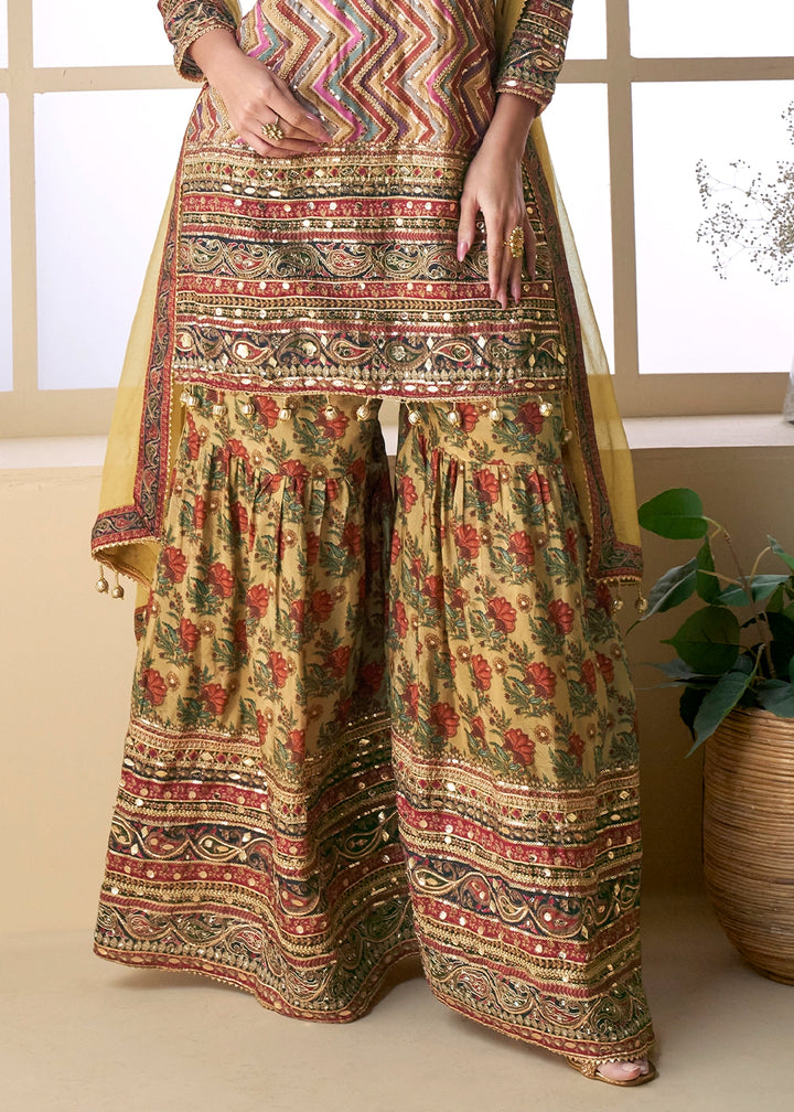 Brown Multi Toned Palazzo Set in Viscose Crepe Silk with Aari Work