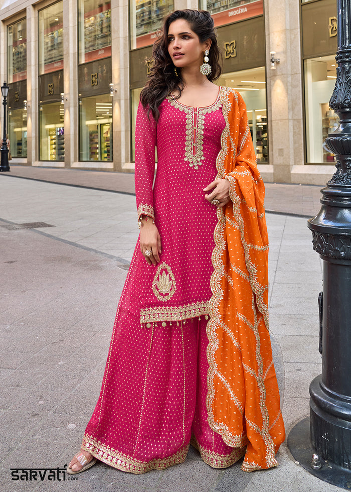 Cerise Pink Viscose Jacquard Silk Sharara Suit with Embroidery