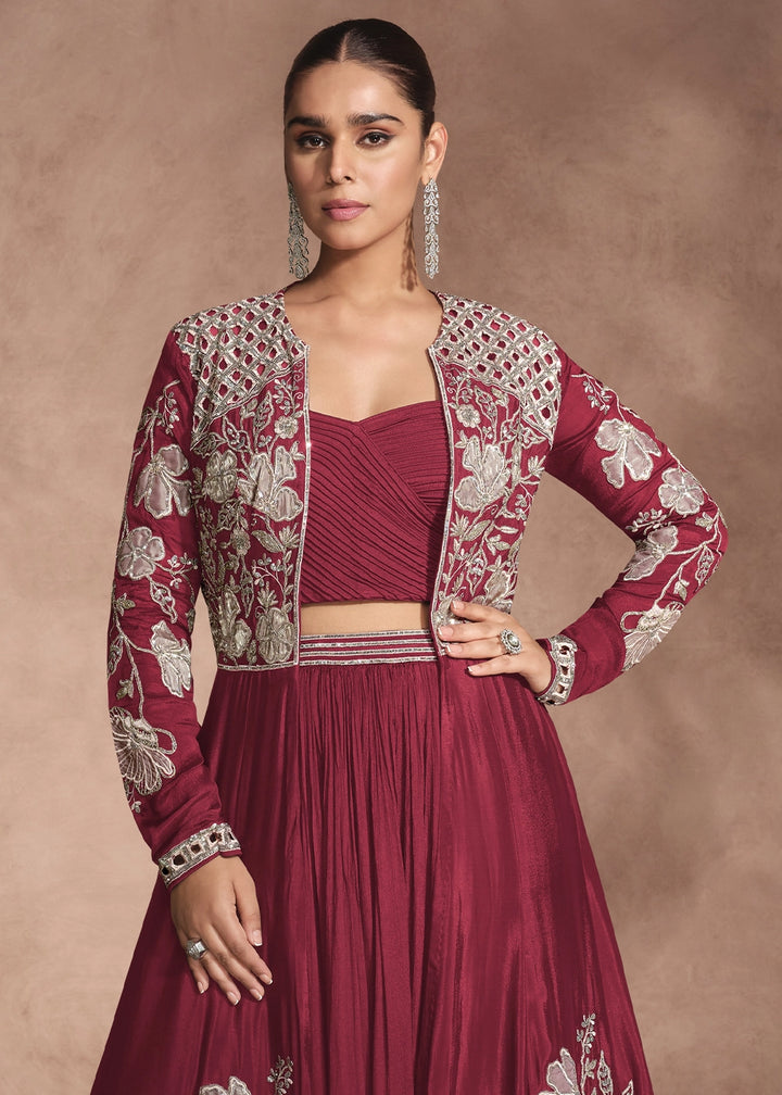 Maroon Red Chinon Silk Top and Lehenga Outfit with Embroidery Shrug