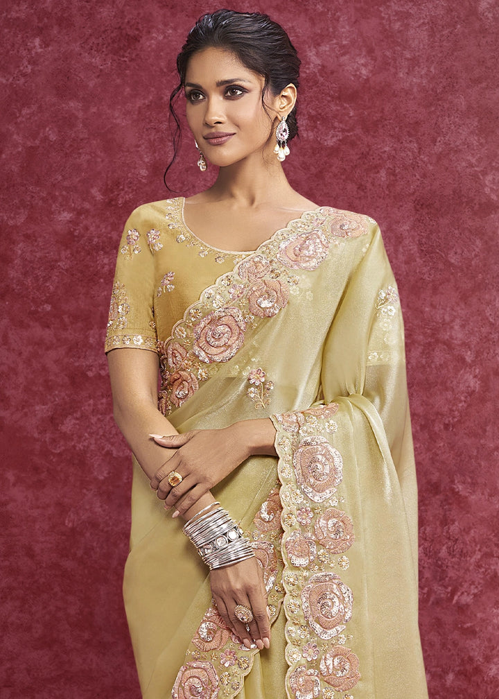 Blonde Yellow Tissue Saree having Designer Floral Embroidery work