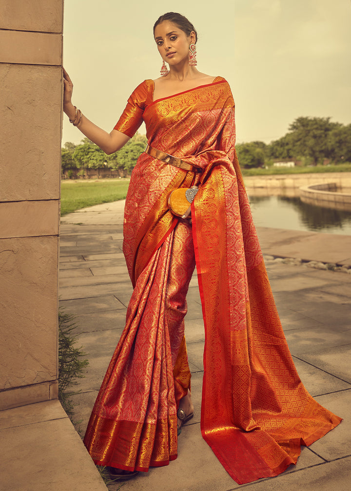 Pink & Red Two-Tone Handcrafted Kanjivaram Silk Saree