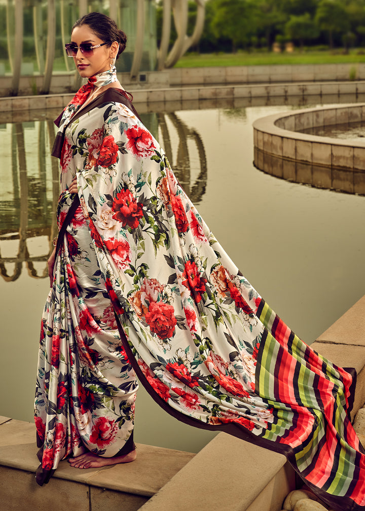 Daisy White & Pink Satin Silk Saree with Shaded Digital Print Design