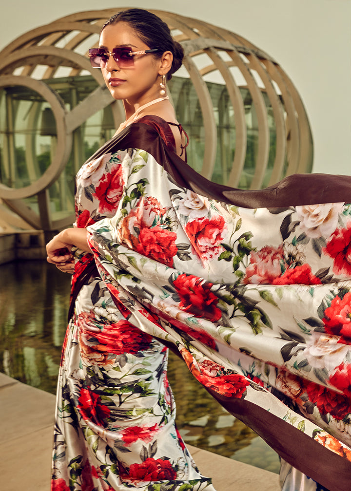 Daisy White & Pink Satin Silk Saree with Shaded Digital Print Design