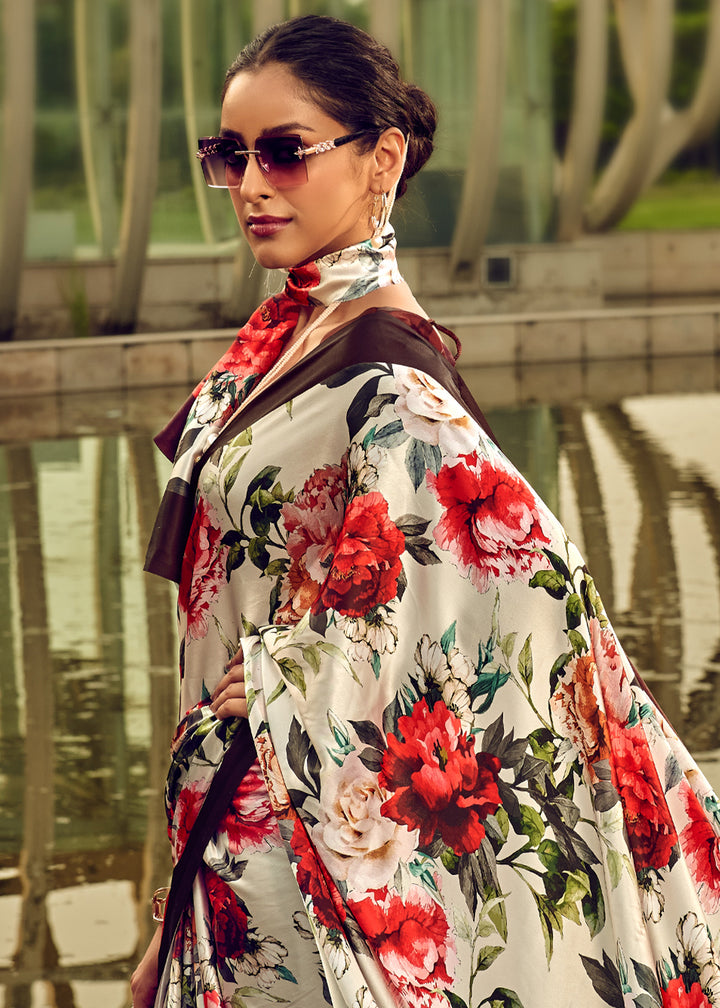 Daisy White & Pink Satin Silk Saree with Shaded Digital Print Design