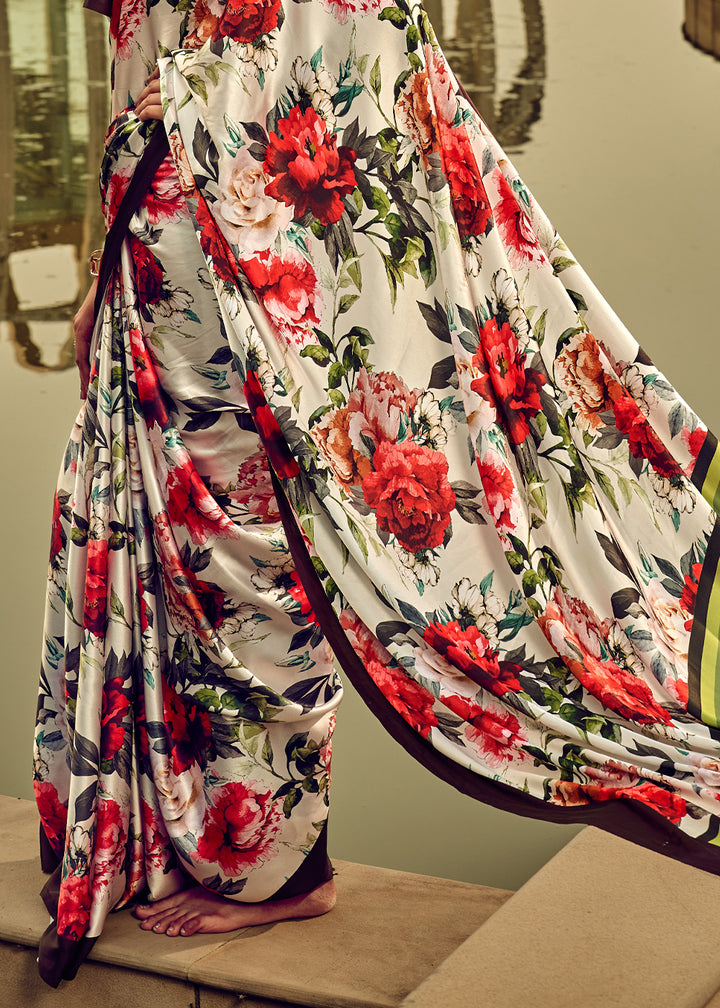 Daisy White & Pink Satin Silk Saree with Shaded Digital Print Design