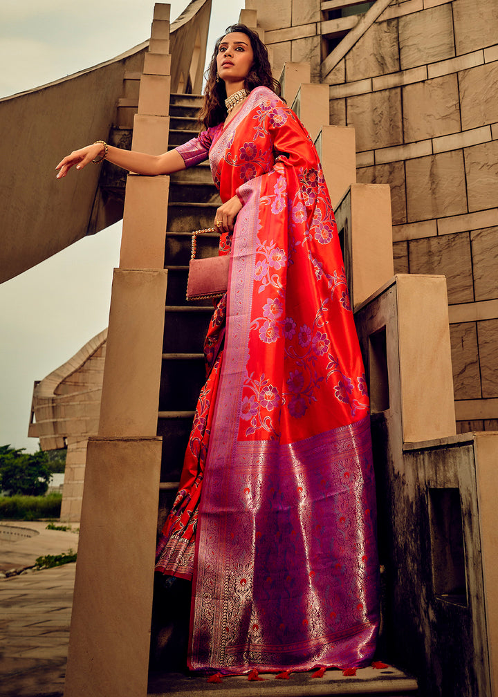 Aerospace Orange Handloom Woven Satin Silk Saree with Floral Motifs