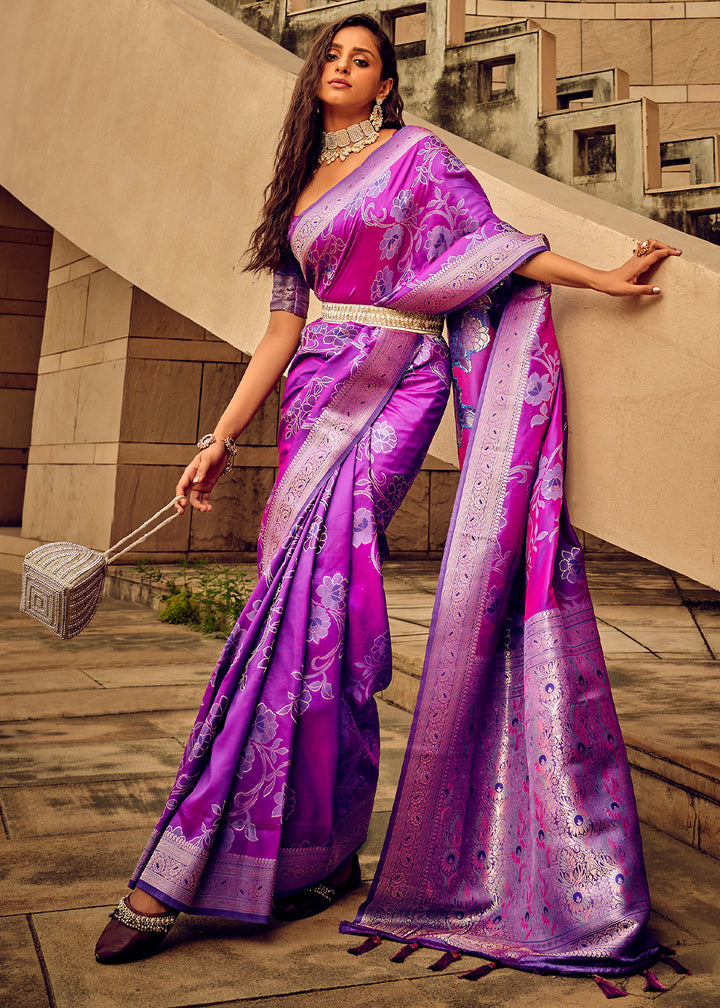 Shades Of Purple Handloom Woven Satin Silk Saree with Floral Motifs