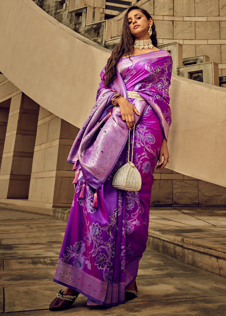 Shades Of Purple Handloom Woven Satin Silk Saree with Floral Motifs