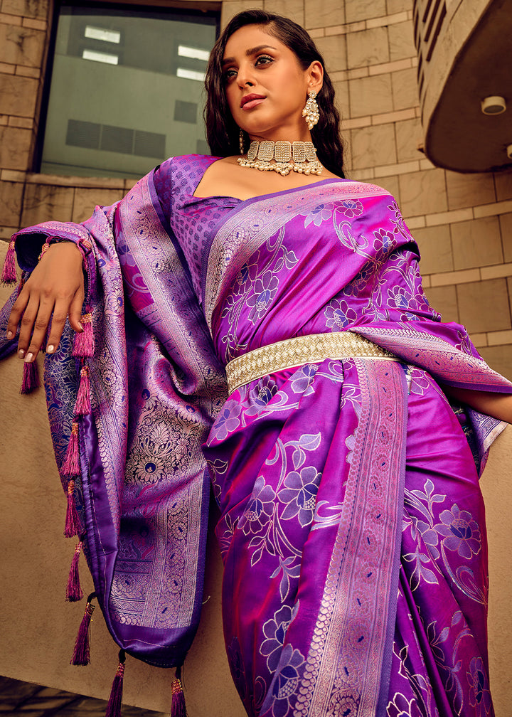 Shades Of Purple Handloom Woven Satin Silk Saree with Floral Motifs