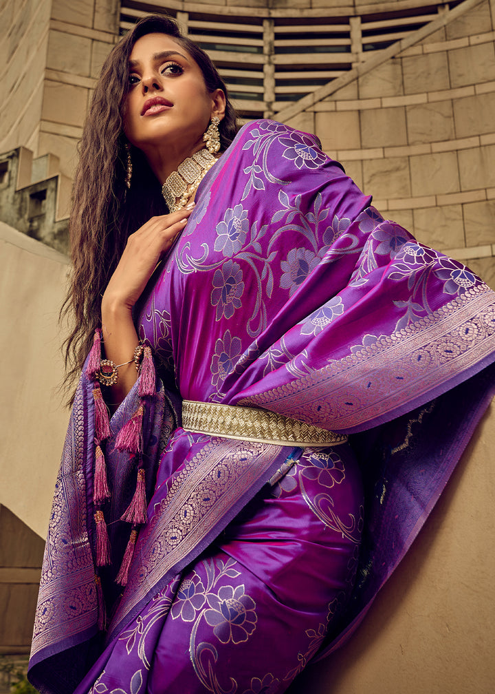Shades Of Purple Handloom Woven Satin Silk Saree with Floral Motifs
