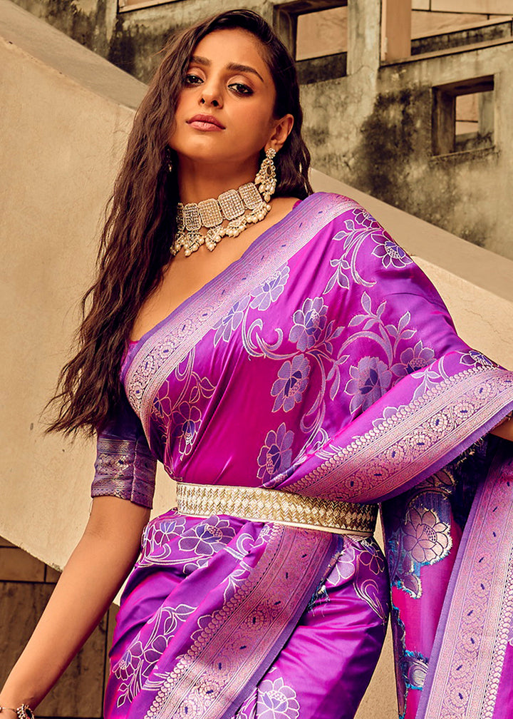 Shades Of Purple Handloom Woven Satin Silk Saree with Floral Motifs