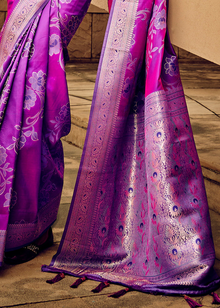Shades Of Purple Handloom Woven Satin Silk Saree with Floral Motifs