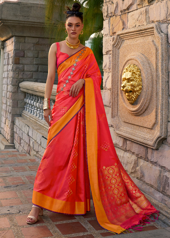 Reddish Pink Handloom Satin Silk Saree - Woven to Perfection