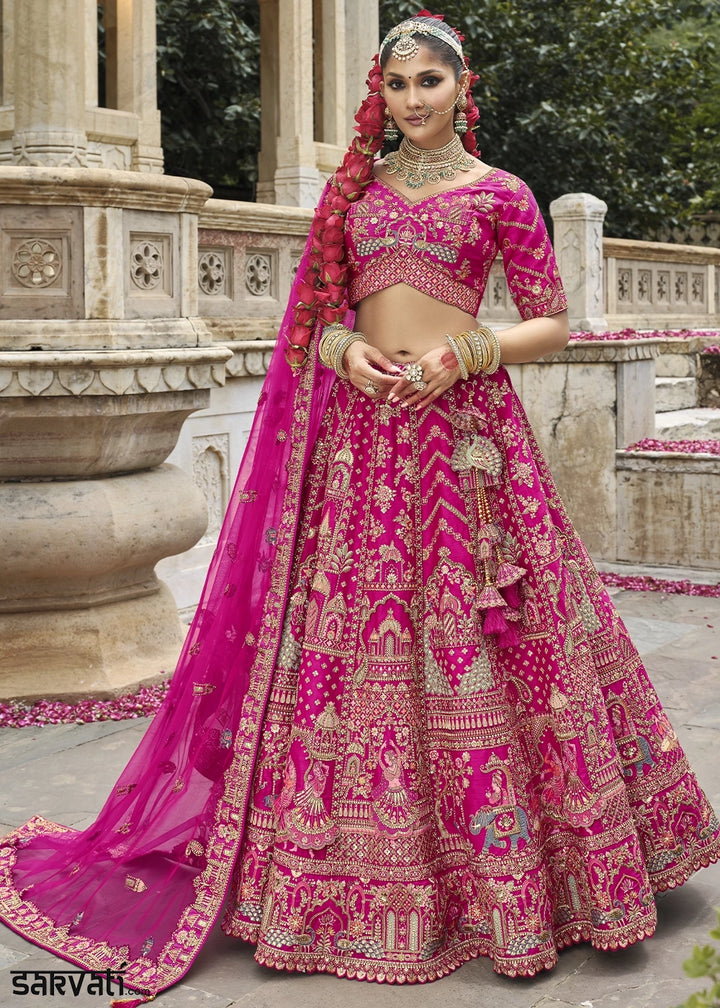 Bright Pink Banarasi Silk Bridal Lehenga with Exquisite Khatli & Hand Embroidery