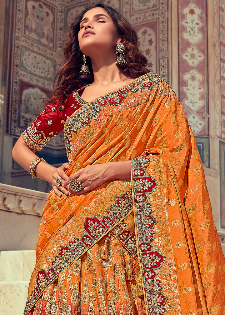 Tangerine Orange & Red Banarasi Silk Lehenga with Zari, Sequins, Khatliwork & Detailed Embroidery