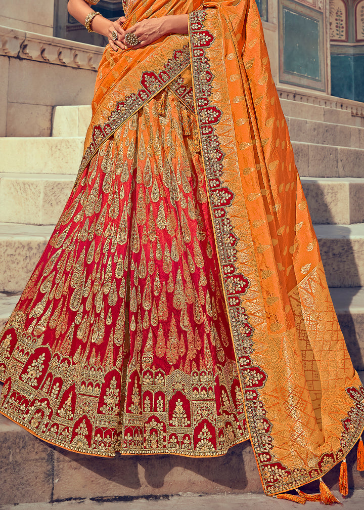 Tangerine Orange & Red Banarasi Silk Lehenga with Zari, Sequins, Khatliwork & Detailed Embroidery