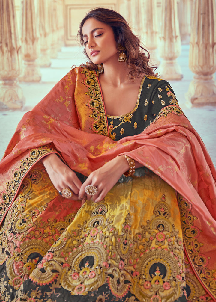 Anchor Grey & Pink Banarasi Silk Lehenga with Zari, Sequins, Khatliwork & Detailed Embroidery