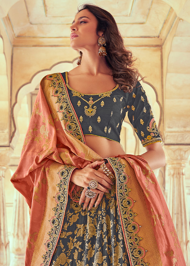 Anchor Grey & Pink Banarasi Silk Lehenga with Zari, Sequins, Khatliwork & Detailed Embroidery