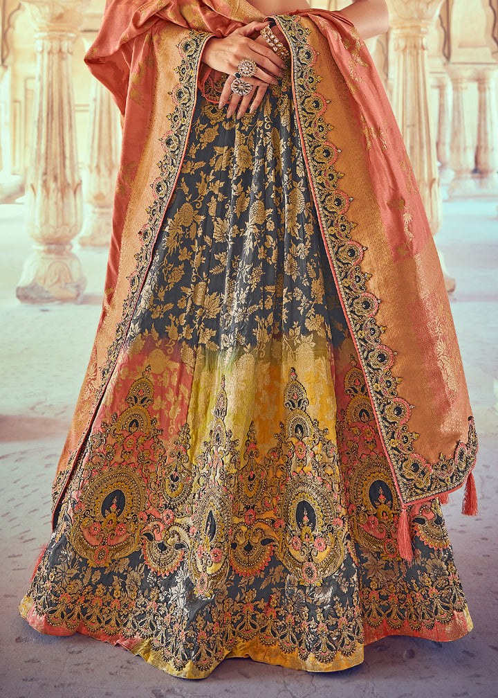 Anchor Grey & Pink Banarasi Silk Lehenga with Zari, Sequins, Khatliwork & Detailed Embroidery