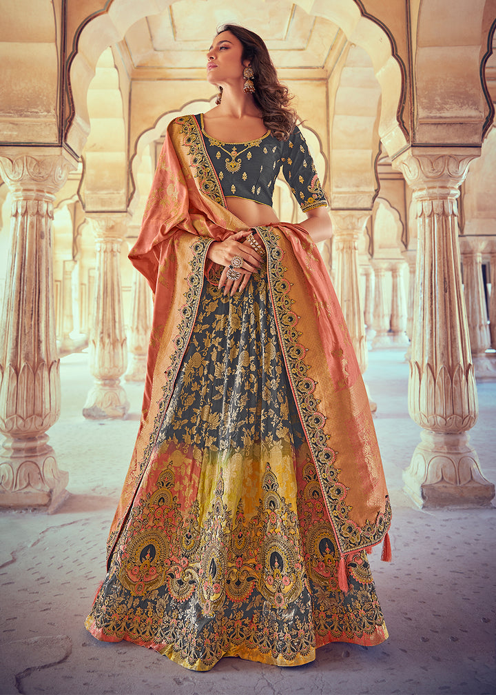 Anchor Grey & Pink Banarasi Silk Lehenga with Zari, Sequins, Khatliwork & Detailed Embroidery