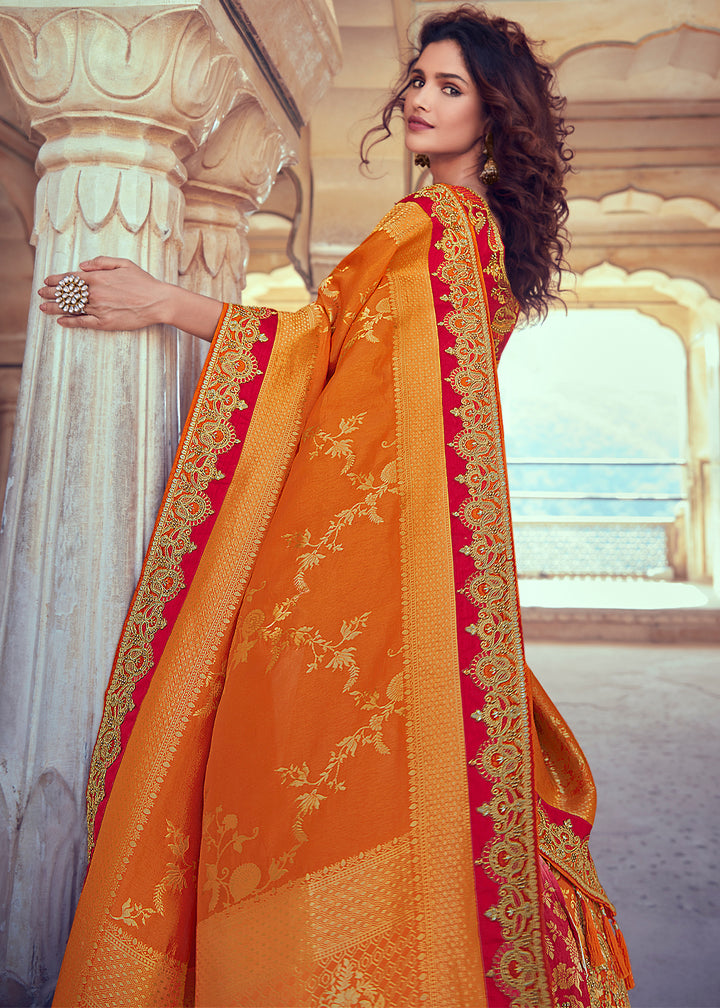 Mustard Yellow & White Banarasi Silk Lehenga with Zari, Sequins, Khatliwork & Detailed Embroidery