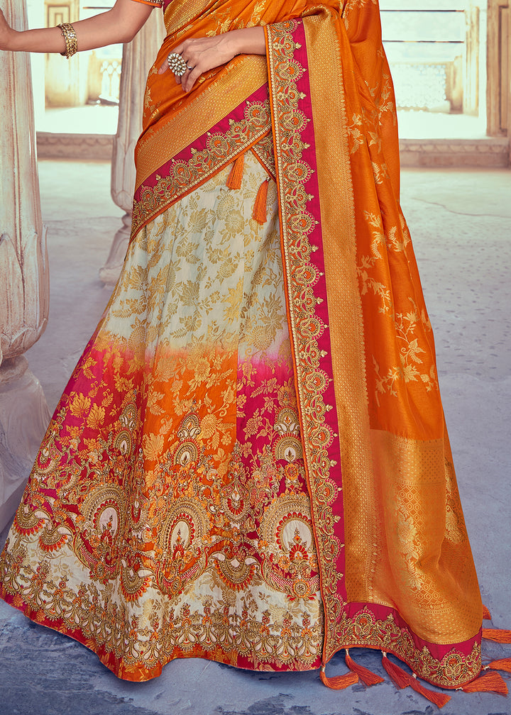 Mustard Yellow & White Banarasi Silk Lehenga with Zari, Sequins, Khatliwork & Detailed Embroidery