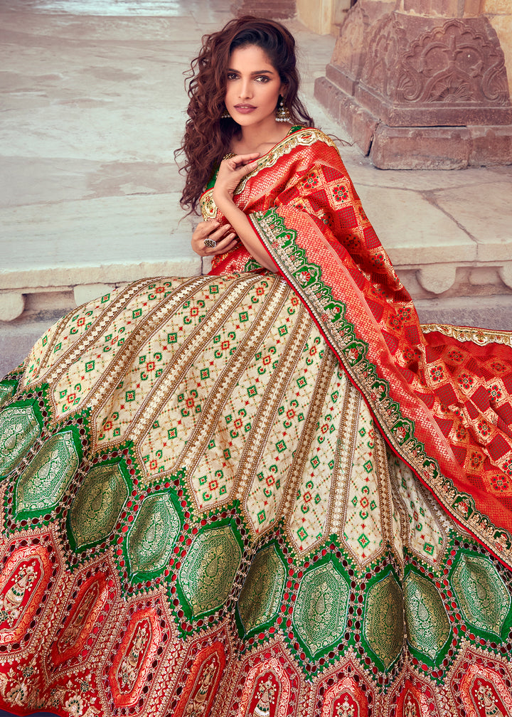 Parchment White & Red Banarasi Silk Lehenga with Zari, Sequins, Khatliwork & Detailed Embroidery