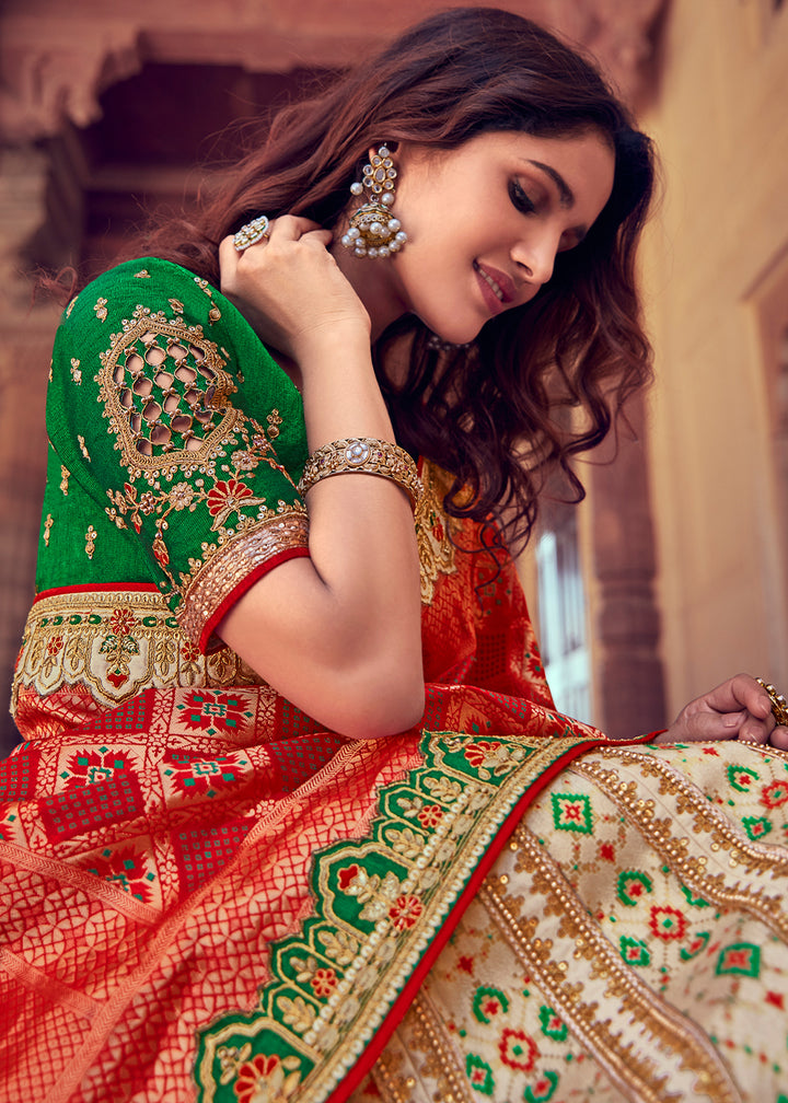 Parchment White & Red Banarasi Silk Lehenga with Zari, Sequins, Khatliwork & Detailed Embroidery
