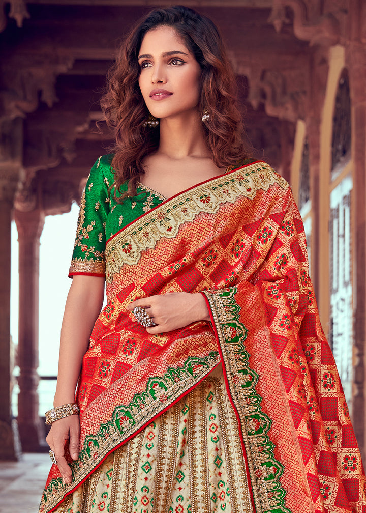 Parchment White & Red Banarasi Silk Lehenga with Zari, Sequins, Khatliwork & Detailed Embroidery