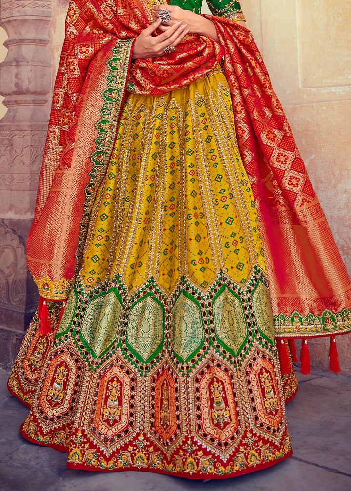 Canary Yellow & Green Banarasi Silk Lehenga with Zari, Sequins, Khatliwork & Detailed Embroidery