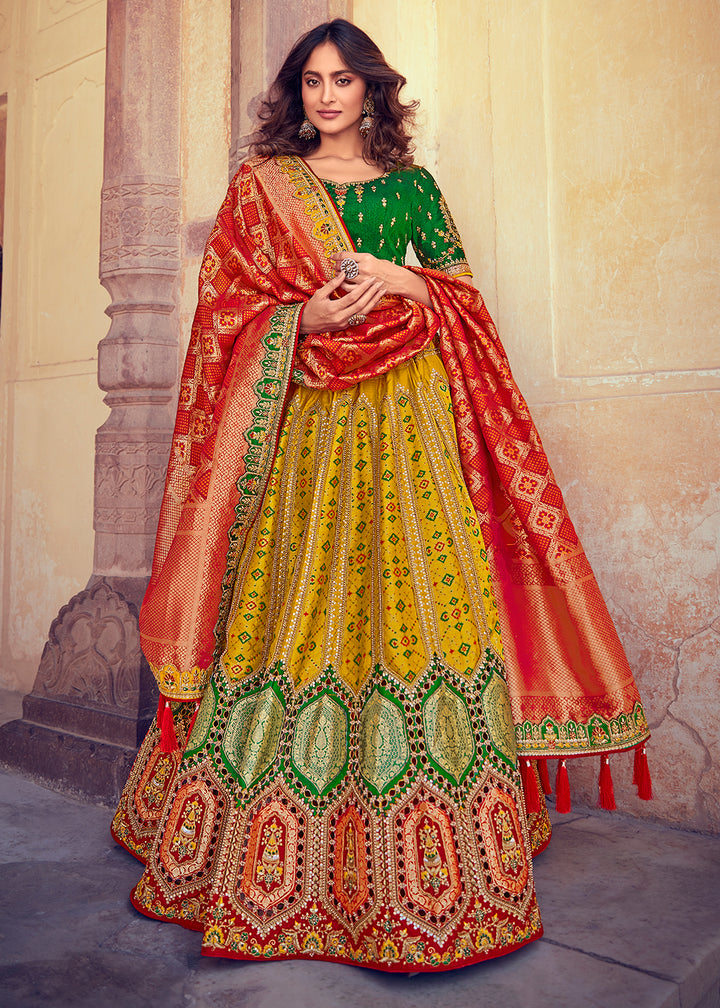 Canary Yellow & Green Banarasi Silk Lehenga with Zari, Sequins, Khatliwork & Detailed Embroidery