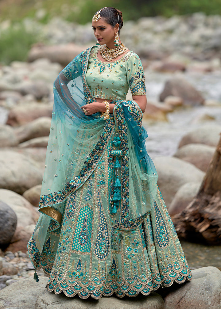 Shades Of Blue Banarasi Silk Lehenga Choli with Embroidery, Zari & Stone Work