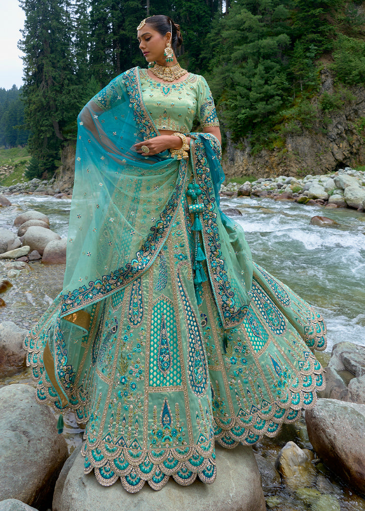 Shades Of Blue Banarasi Silk Lehenga Choli with Embroidery, Zari & Stone Work