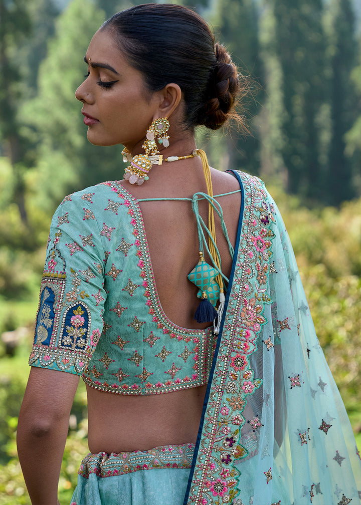 Shades Of Blue Banarasi Silk Lehenga Choli with Embroidery, Zari & Stone Work