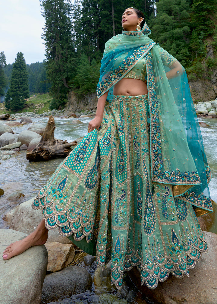 Shades Of Blue Banarasi Silk Lehenga Choli with Embroidery, Zari & Stone Work