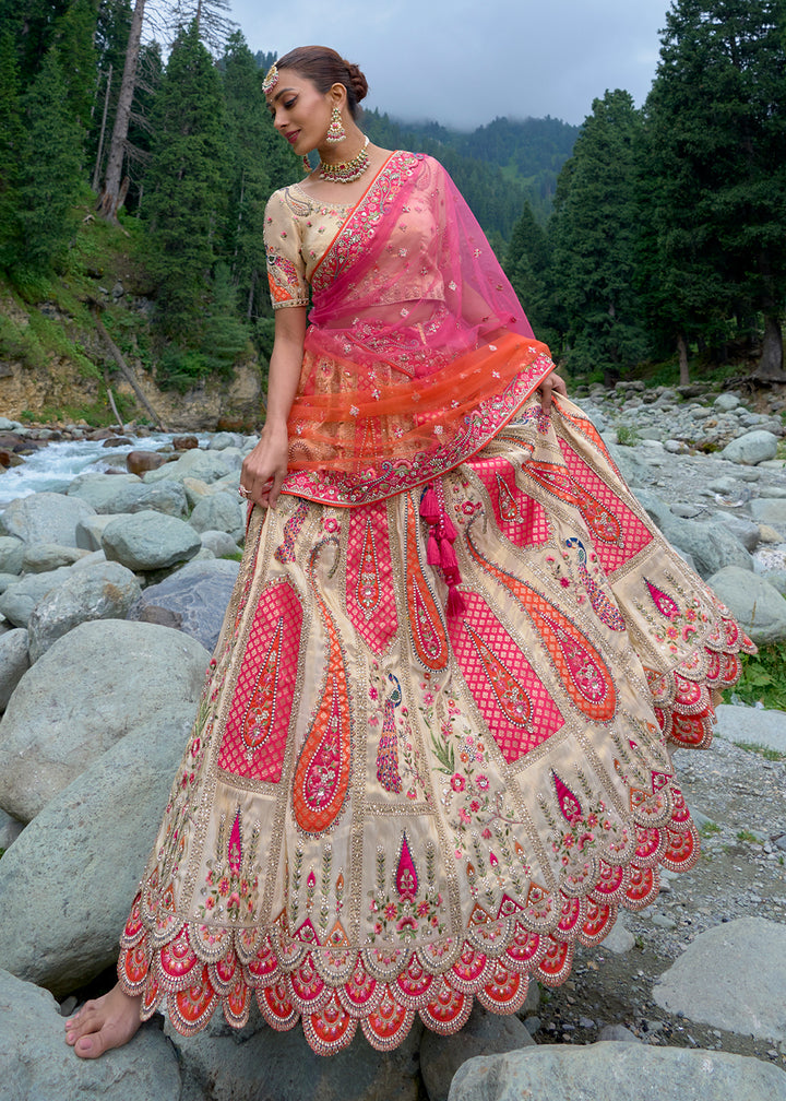 Cream White & Pink Banarasi Silk Lehenga Choli with Embroidery, Zari & Stone Work