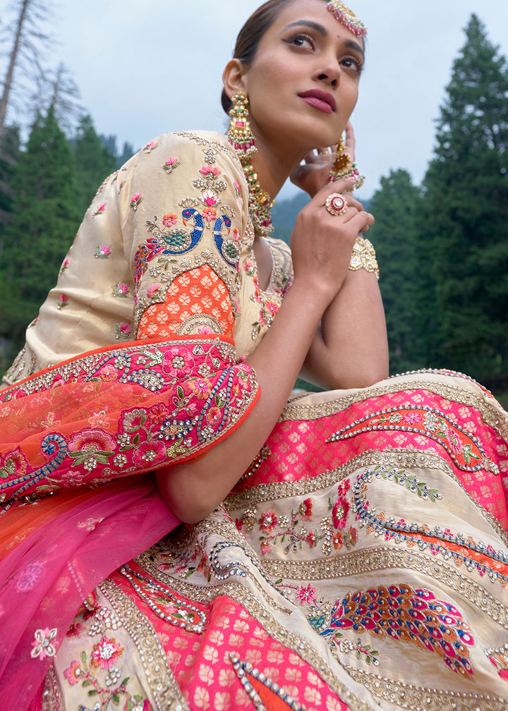 Cream White & Pink Banarasi Silk Lehenga Choli with Embroidery, Zari & Stone Work