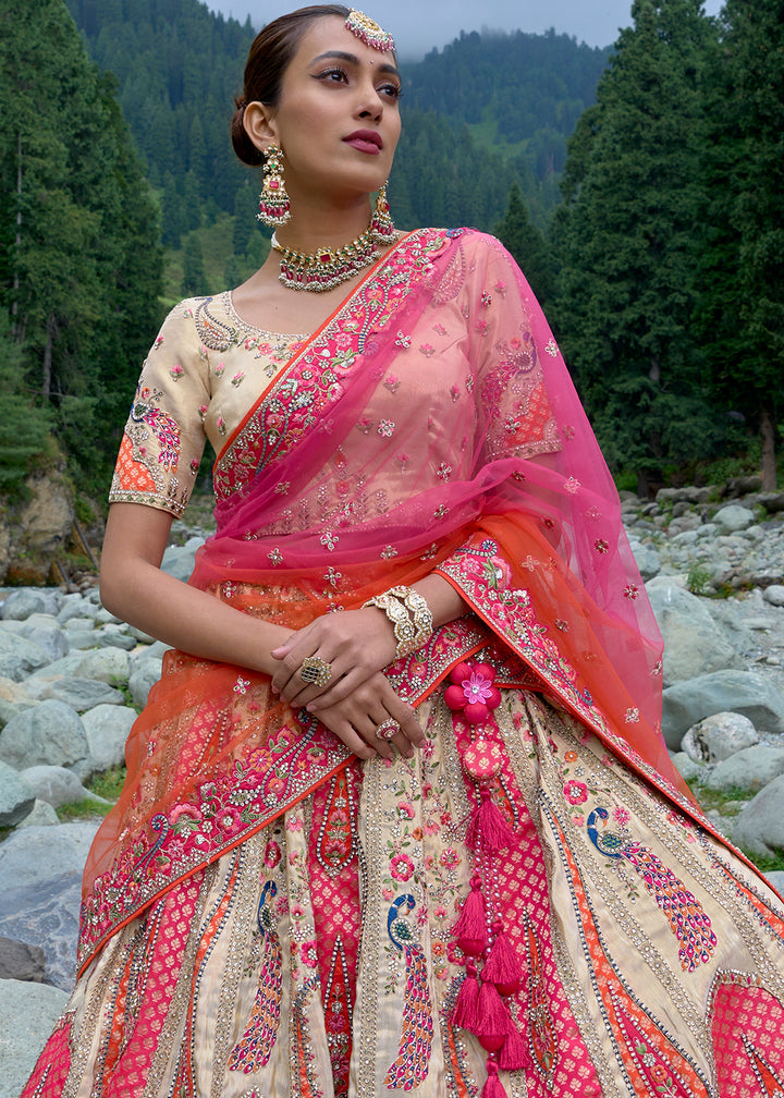 Cream White & Pink Banarasi Silk Lehenga Choli with Embroidery, Zari & Stone Work