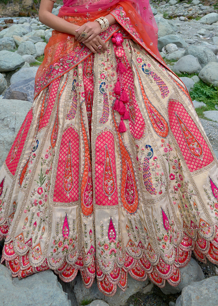 Cream White & Pink Banarasi Silk Lehenga Choli with Embroidery, Zari & Stone Work
