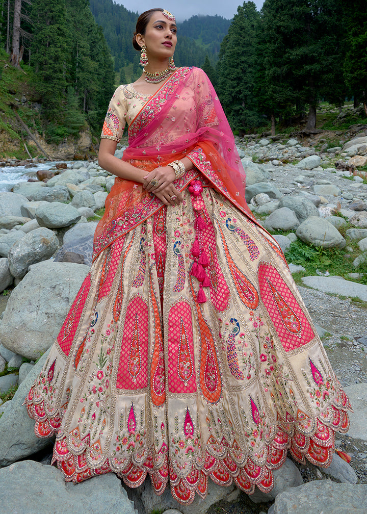 Cream White & Pink Banarasi Silk Lehenga Choli with Embroidery, Zari & Stone Work