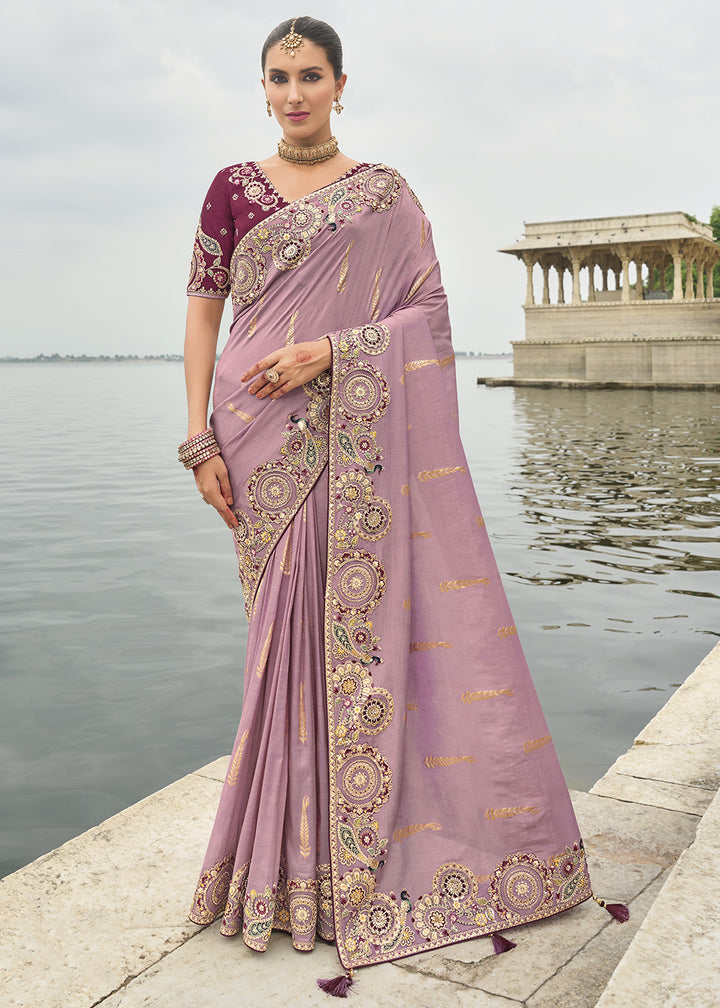 Wisteria Purple Handcrafted Gadwal Silk Saree with Beautiful Embroidery