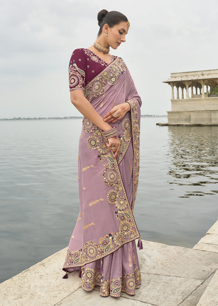 Wisteria Purple Handcrafted Gadwal Silk Saree with Beautiful Embroidery