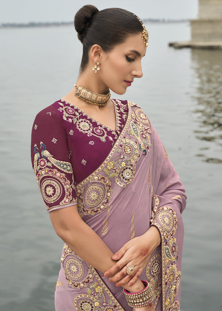 Wisteria Purple Handcrafted Gadwal Silk Saree with Beautiful Embroidery
