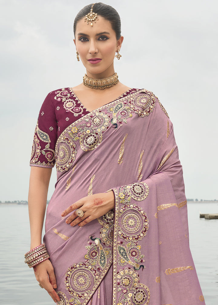 Wisteria Purple Handcrafted Gadwal Silk Saree with Beautiful Embroidery