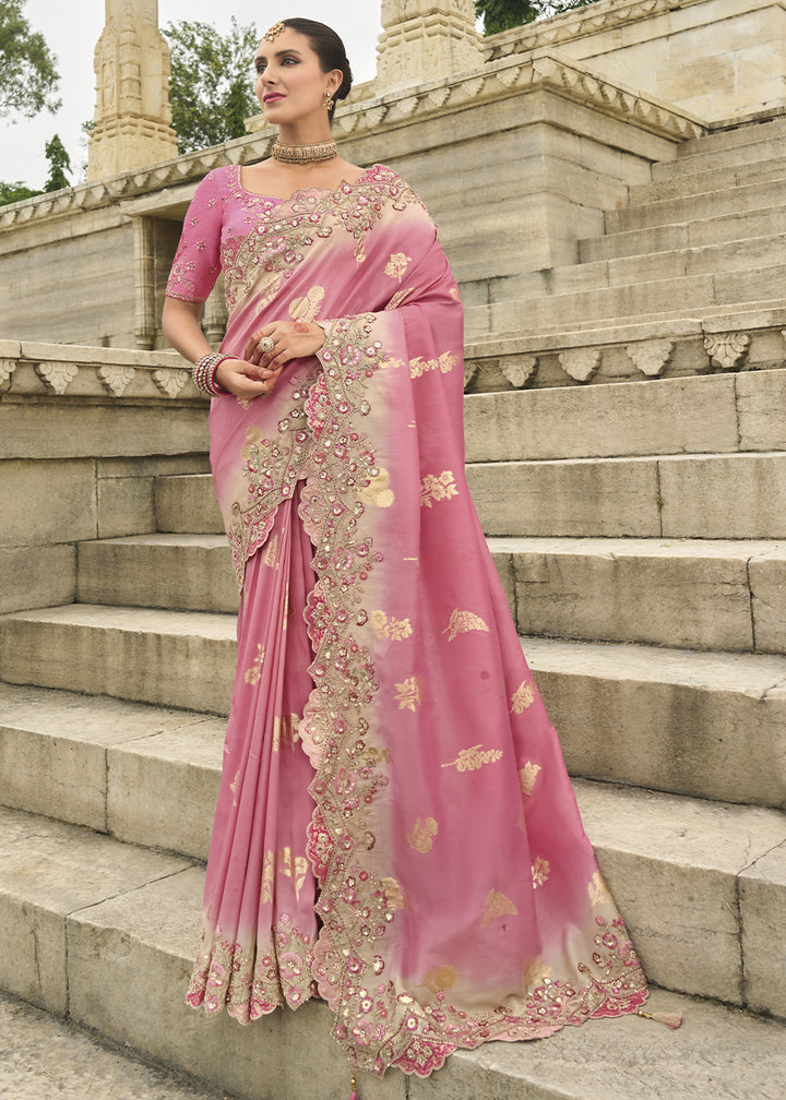 Rouge Pink Handcrafted Gadwal Silk Saree with Beautiful Embroidery