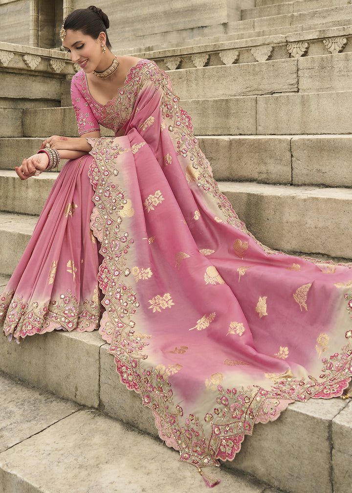 Rouge Pink Handcrafted Gadwal Silk Saree with Beautiful Embroidery