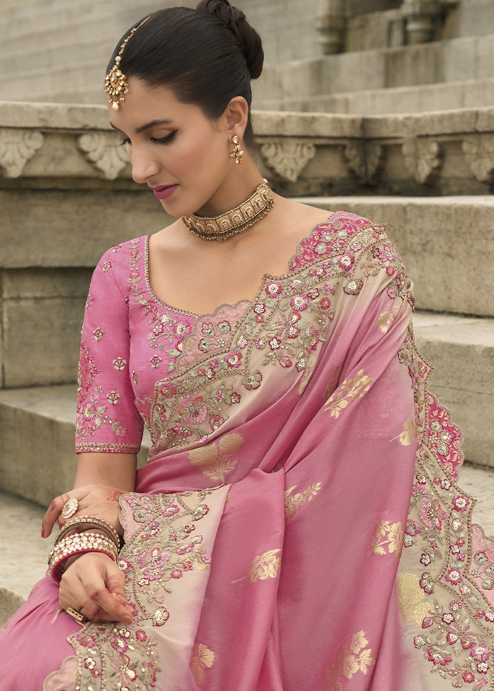 Rouge Pink Handcrafted Gadwal Silk Saree with Beautiful Embroidery